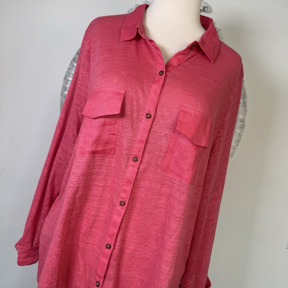 Sigrid Olsen Women's Linen Button Up Coral Shirt Top XL‎ Roll Tab Sleeves